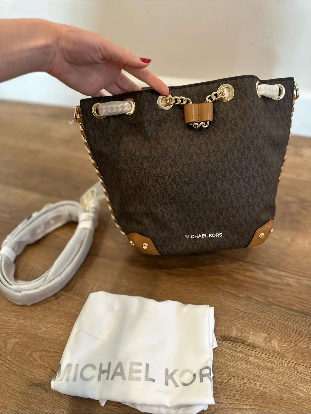 Michael Kors Dark Brown Logo Bucket Shoulder Bag with Tan Trim and Gold Hardware